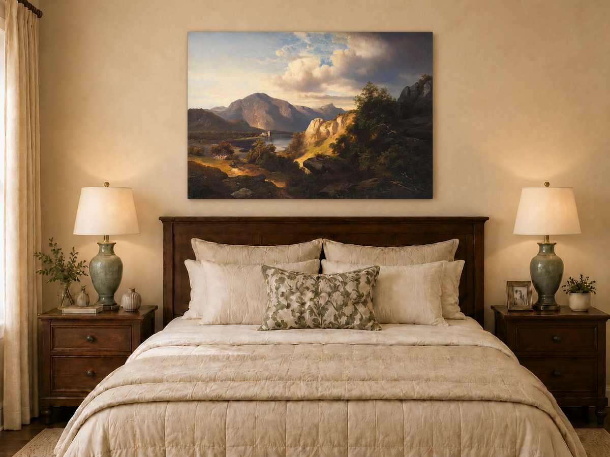 Peinture à l'huile de paysage - Lac, Montagne, Ruine de château et Ensoleillé