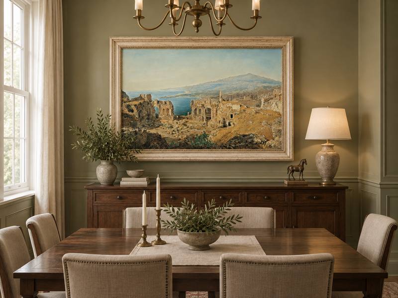 Landscape Oil Painting - Coastal Ruins and Mountain View