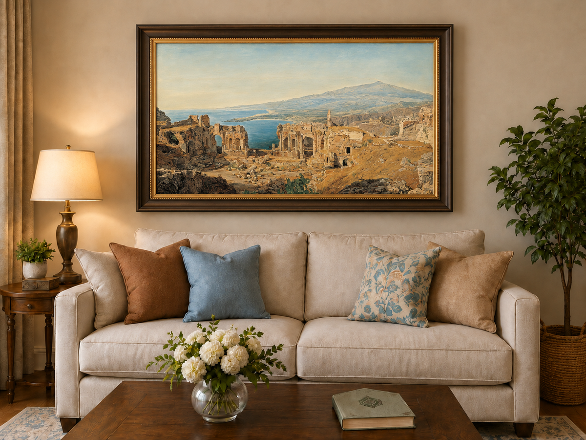 Landscape Oil Painting - Coastal Ruins and Mountain View