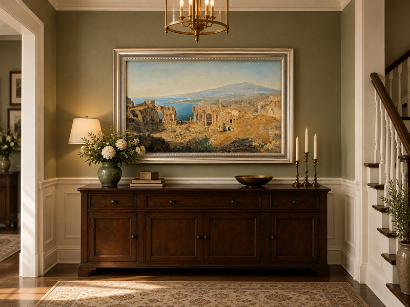 Landscape Oil Painting - Coastal Ruins and Mountain View