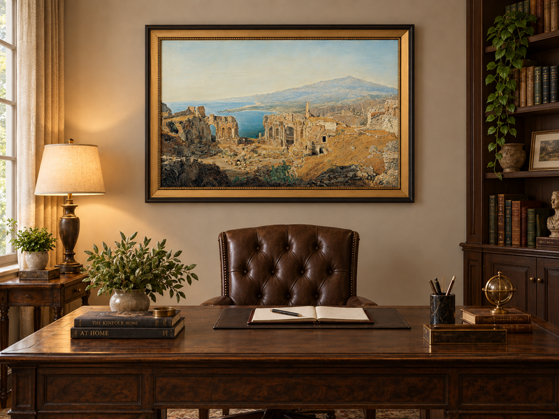 Landscape Oil Painting - Coastal Ruins and Mountain View
