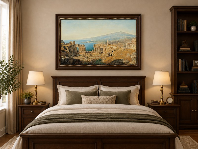 Landscape Oil Painting - Coastal Ruins and Mountain View