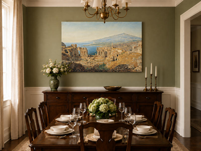 Landscape Oil Painting - Coastal Ruins and Mountain View