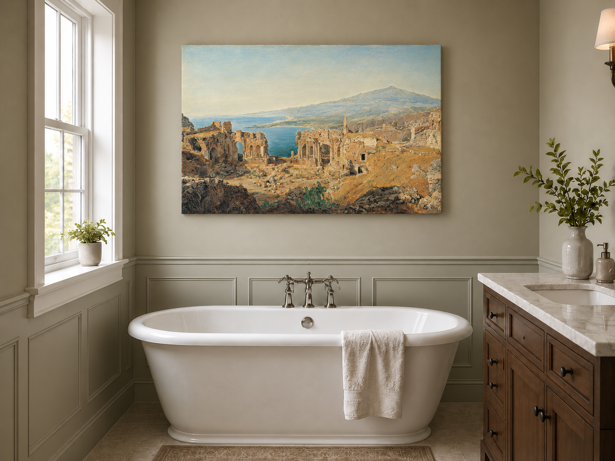 Landscape Oil Painting - Coastal Ruins and Mountain View