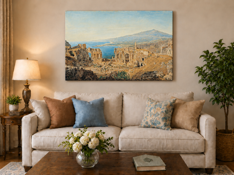 Landscape Oil Painting - Coastal Ruins and Mountain View