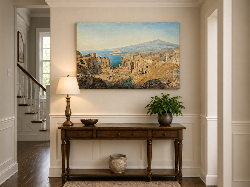 Landscape Oil Painting - Coastal Ruins and Mountain View