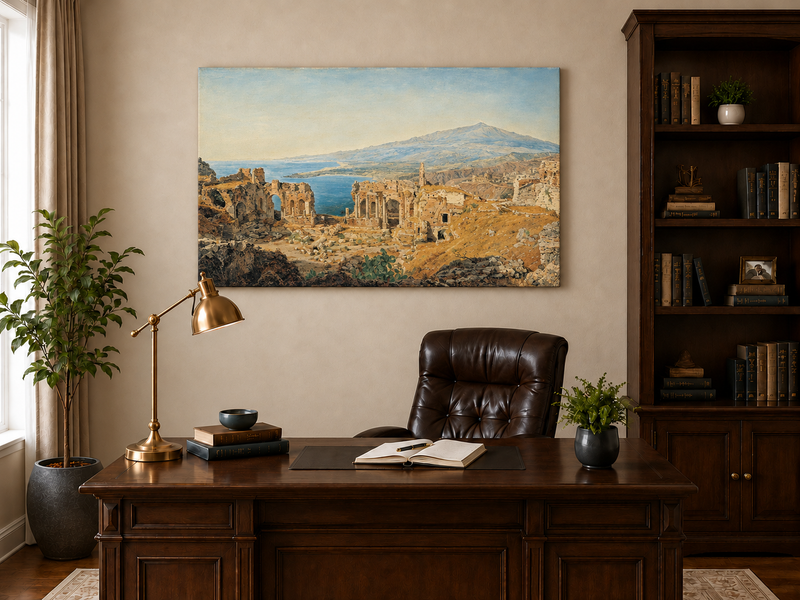 Landscape Oil Painting - Coastal Ruins and Mountain View