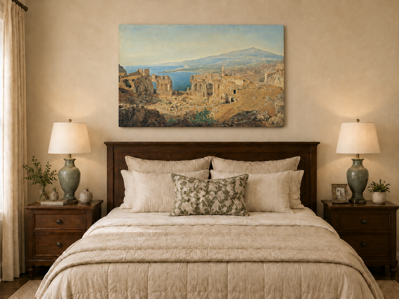 Landscape Oil Painting - Coastal Ruins and Mountain View