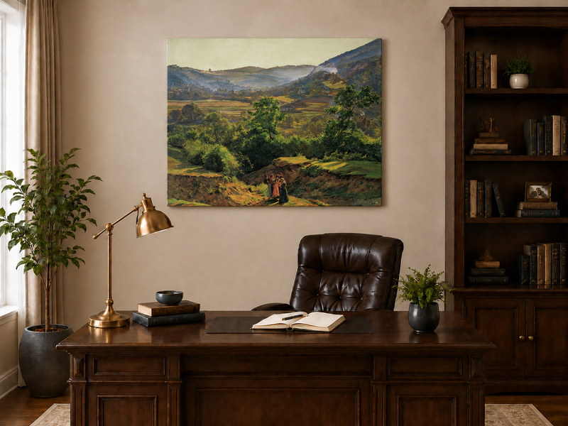 Landscape Oil Painting - Mountain Valley with Village View