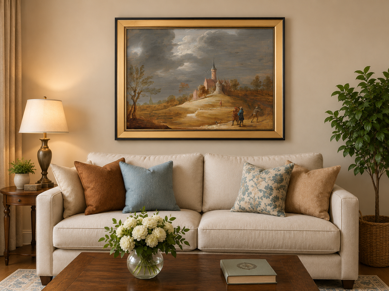 Peinture à l'huile de paysage - Scène de rivière hivernale avec personnages et chevaux
