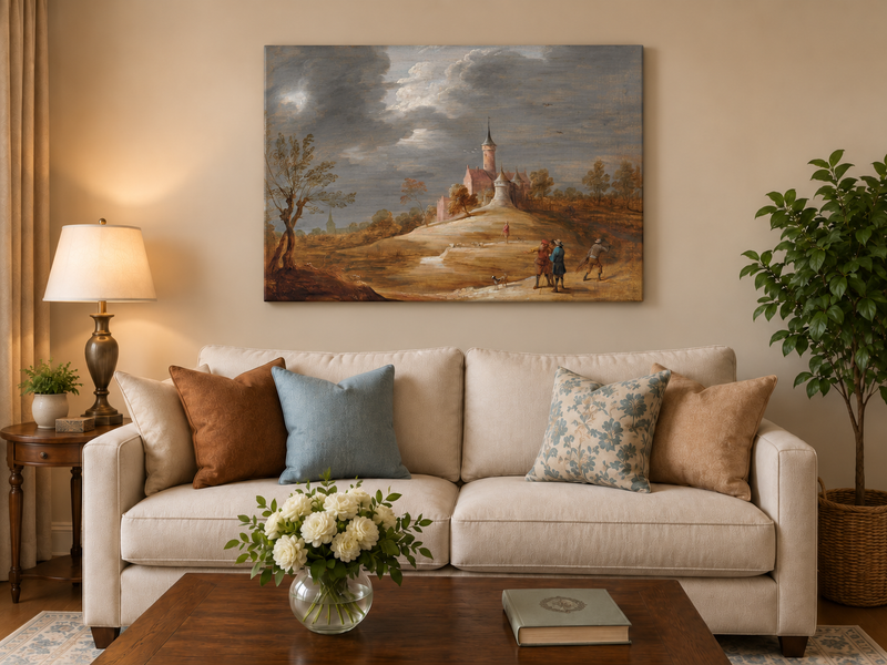 Peinture à l'huile de paysage - Scène de rivière hivernale avec personnages et chevaux