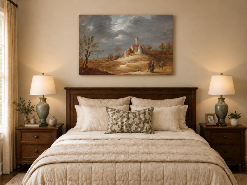 Peinture à l'huile de paysage - Scène de rivière hivernale avec personnages et chevaux