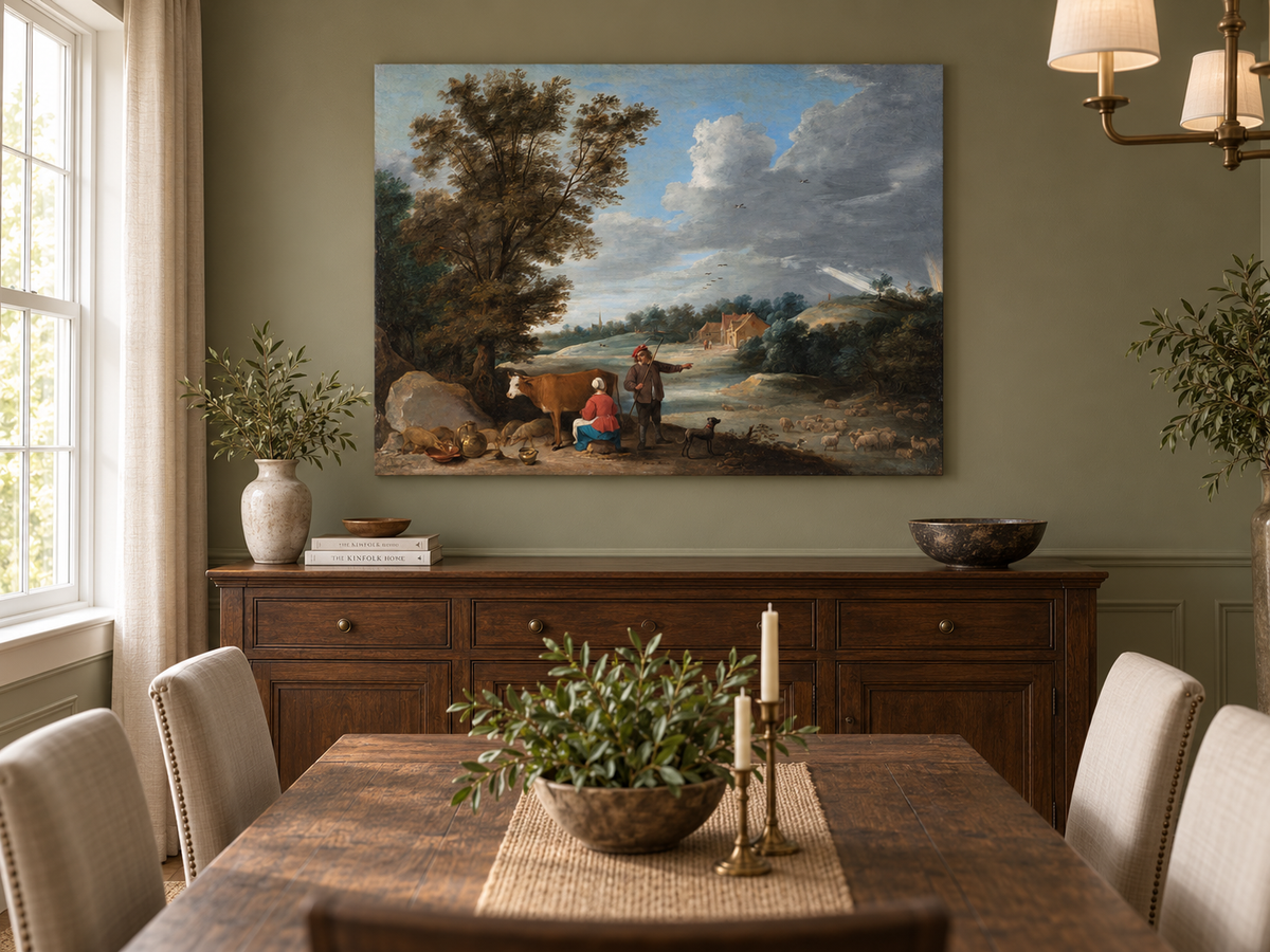 Landschaftsgemälde in Öl – Winterliche Flusslandschaft mit Figuren und Pferden