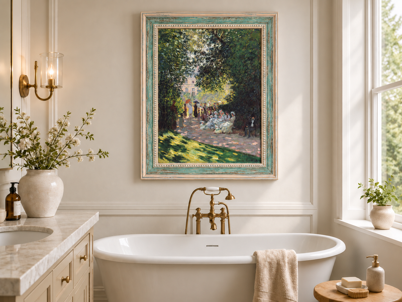 Peinture à l'huile de paysage - Rivière printanière avec pêcheur et arbres