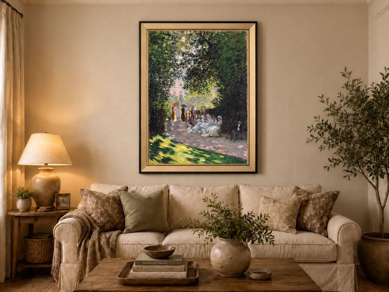 Peinture à l'huile de paysage - Rivière printanière avec pêcheur et arbres