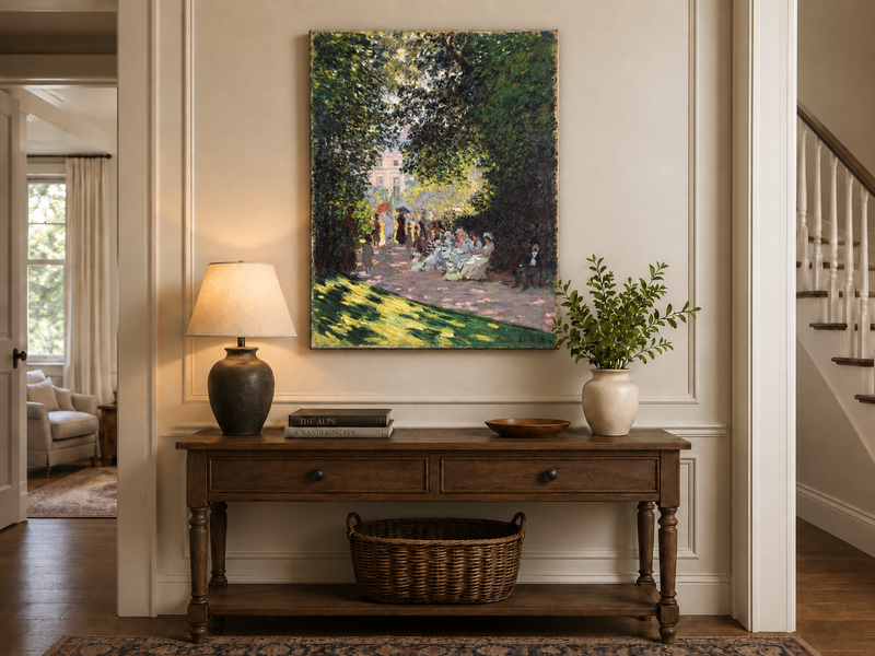Peinture à l'huile de paysage - Rivière printanière avec pêcheur et arbres