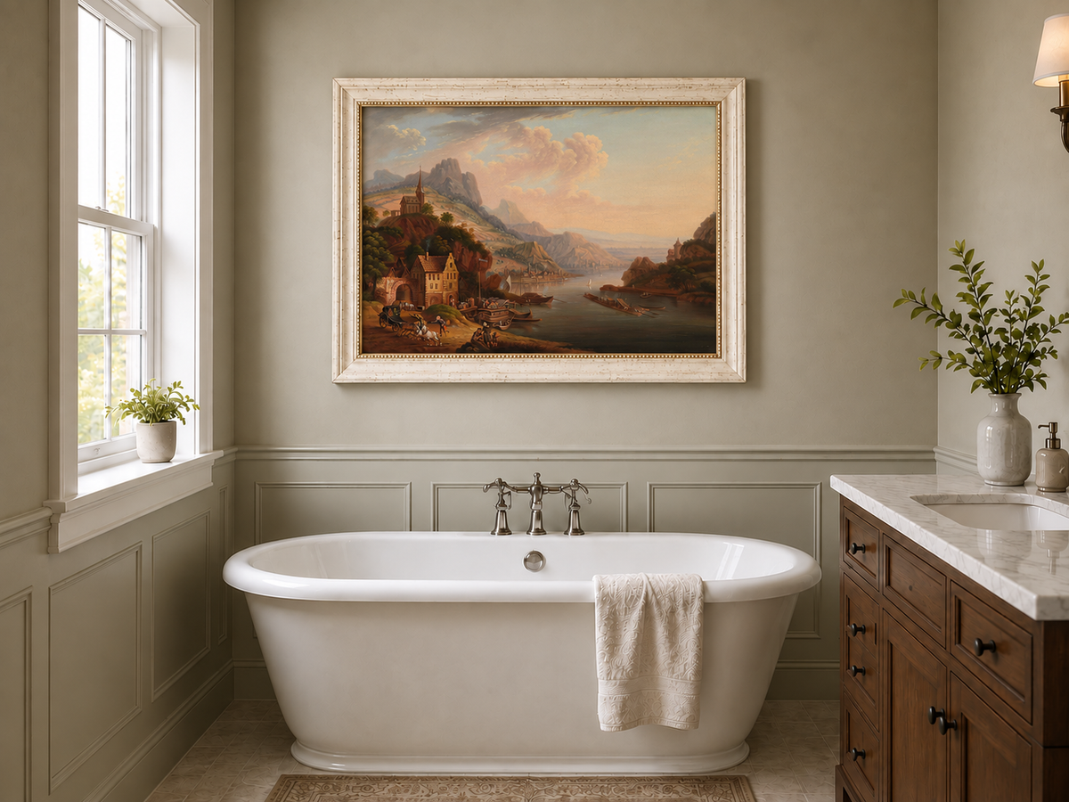 Peinture à l'huile de paysage - Village en bord de rivière, montagne, église et