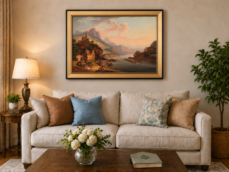 Peinture à l'huile de paysage - Village en bord de rivière, montagne, église et