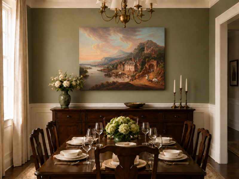 Landscape Oil Painting - Historic-Themed & Riverside Town Castle