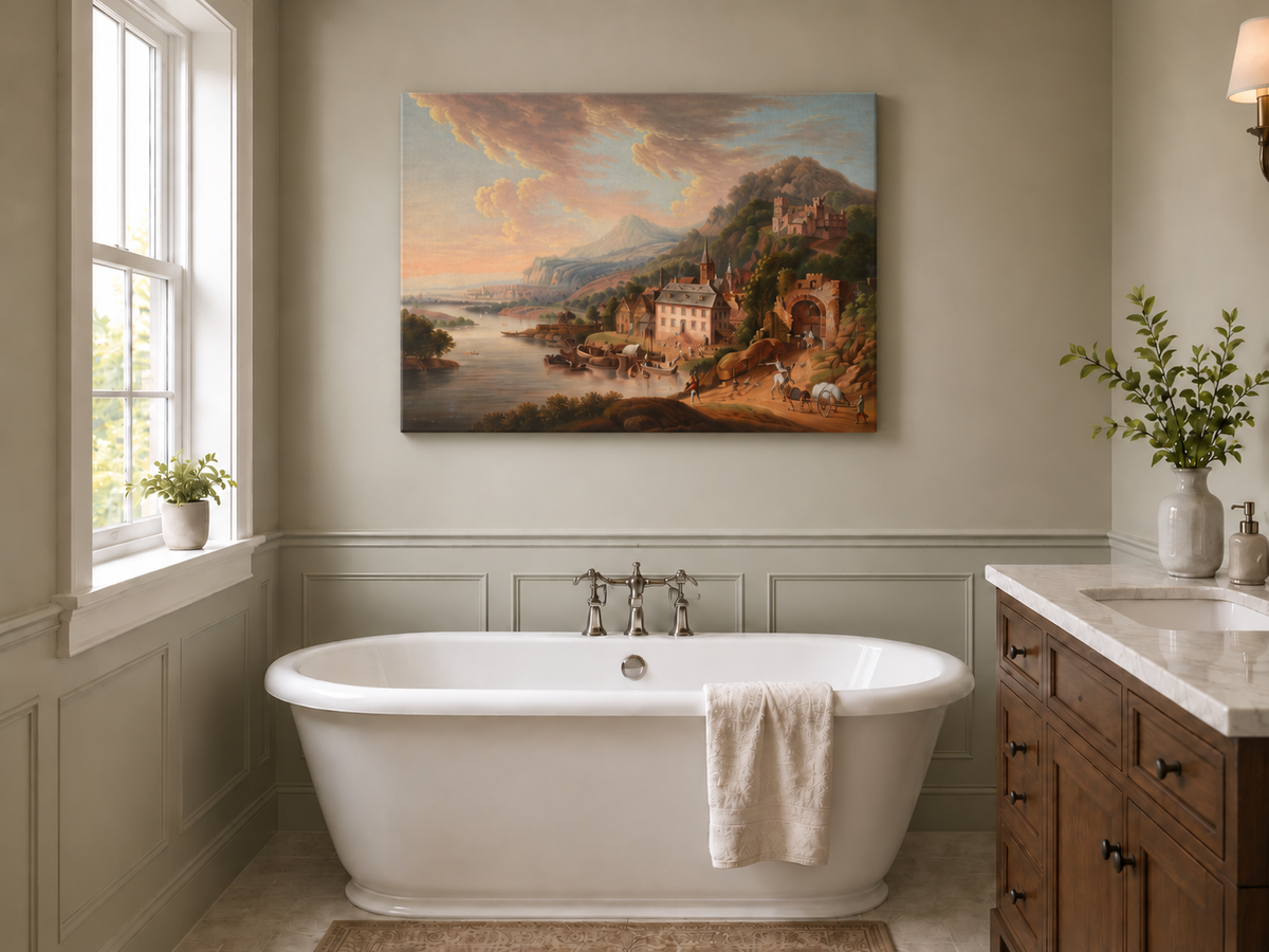 Landscape Oil Painting - Historic-Themed & Riverside Town Castle
