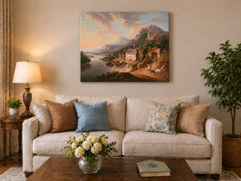 Landscape Oil Painting - Historic-Themed & Riverside Town Castle