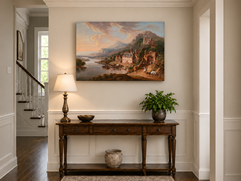 Landscape Oil Painting - Historic-Themed & Riverside Town Castle
