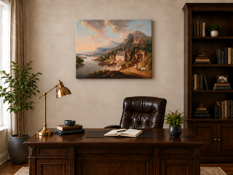 Landscape Oil Painting - Historic-Themed & Riverside Town Castle