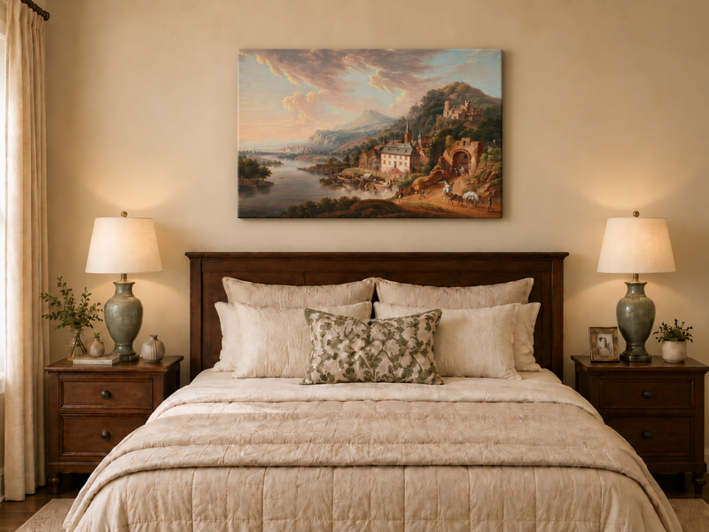 Landscape Oil Painting - Historic-Themed & Riverside Town Castle