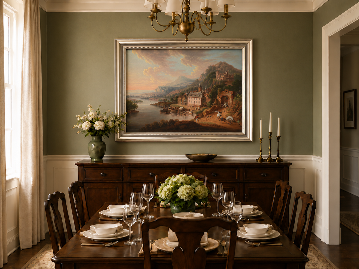 Landscape Oil Painting - Historic-Themed & Riverside Town Castle
