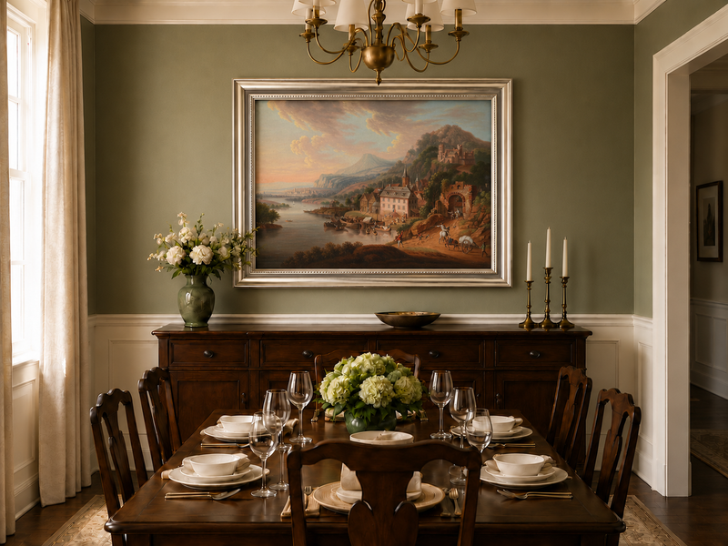 Landscape Oil Painting - Historic-Themed & Riverside Town Castle