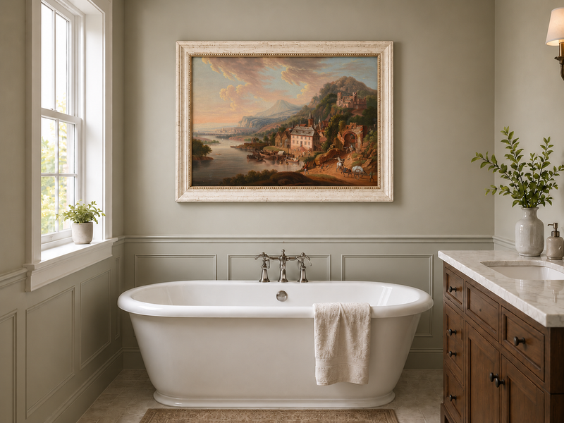Landscape Oil Painting - Historic-Themed & Riverside Town Castle