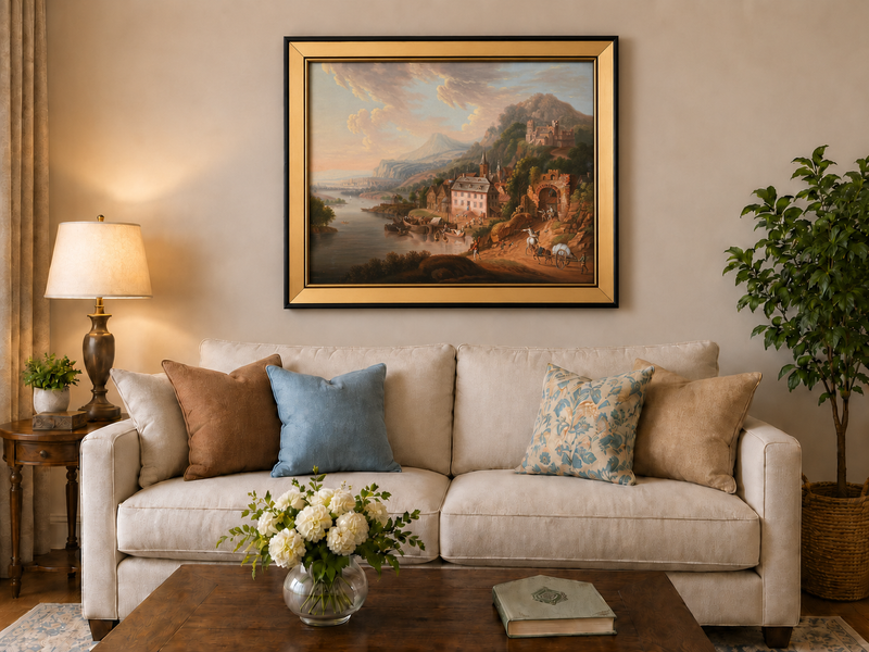Landscape Oil Painting - Historic-Themed & Riverside Town Castle