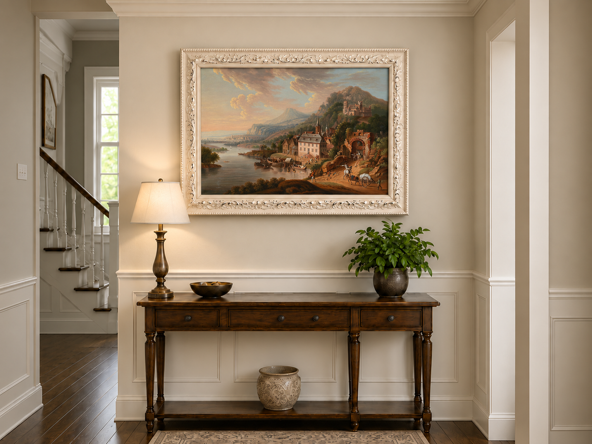 Landscape Oil Painting - Historic-Themed & Riverside Town Castle