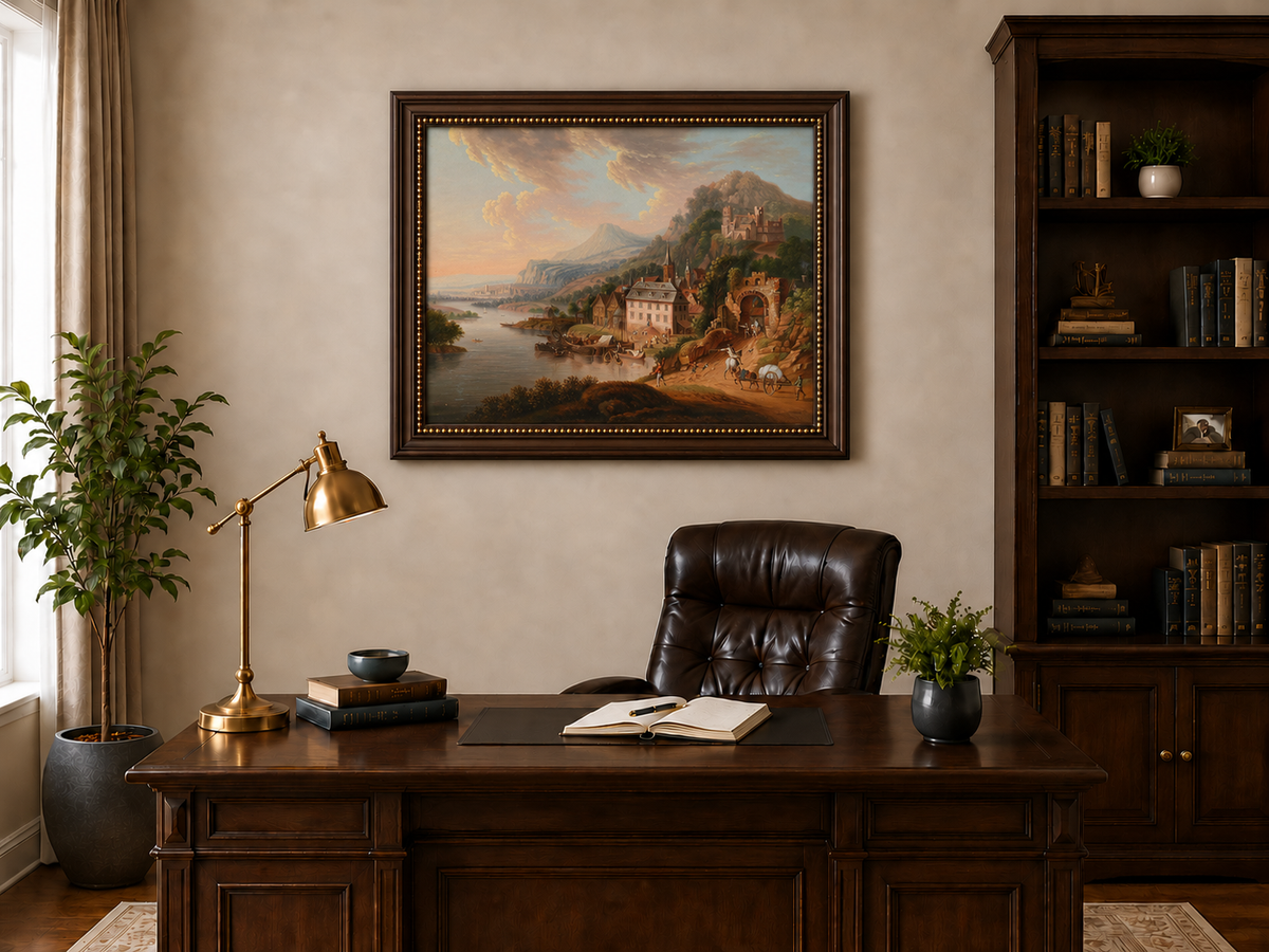 Landscape Oil Painting - Historic-Themed & Riverside Town Castle