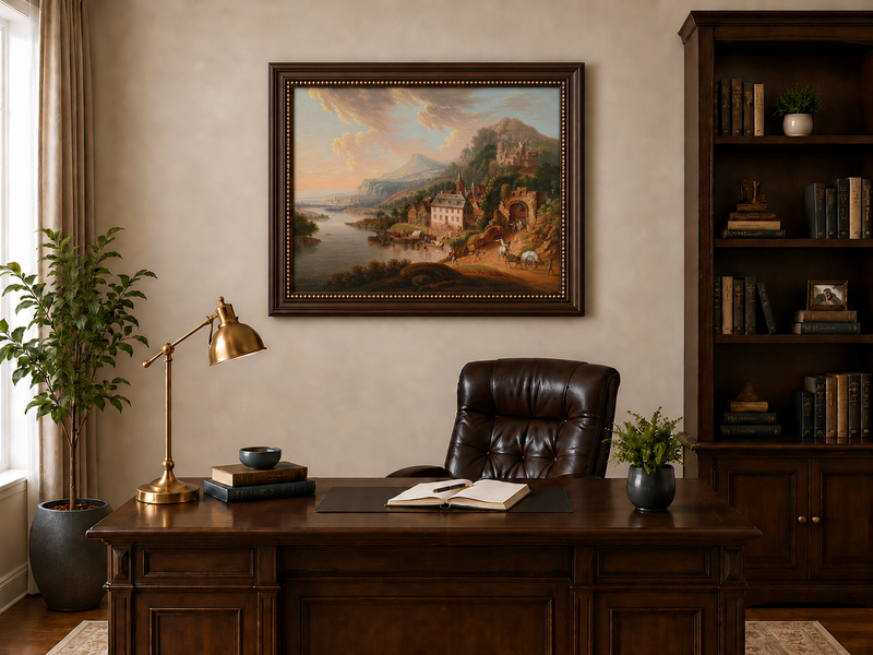 Landscape Oil Painting - Historic-Themed & Riverside Town Castle