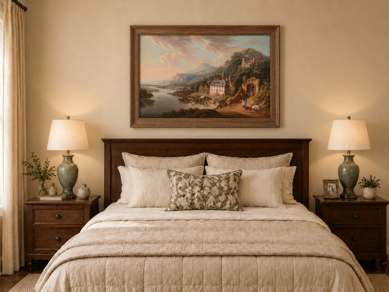 Landscape Oil Painting - Historic-Themed & Riverside Town Castle