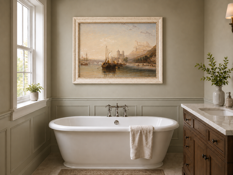 Landscape Oil Painting - River Boats Below Medieval Castle Dusk