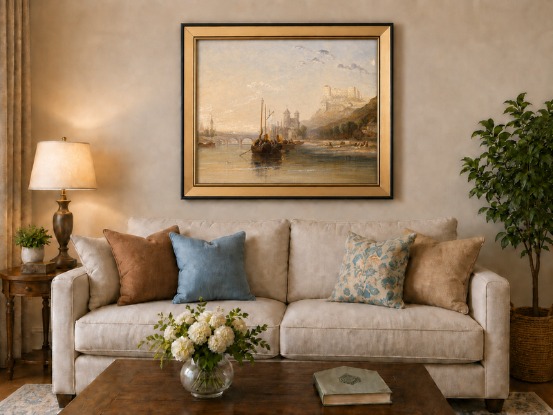 Landscape Oil Painting - River Boats Below Medieval Castle Dusk