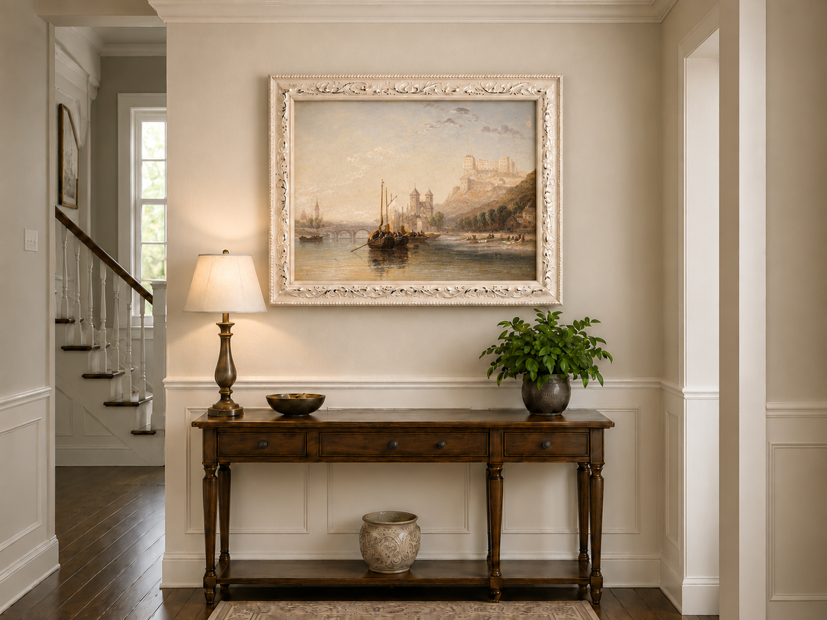 Landscape Oil Painting - River Boats Below Medieval Castle Dusk