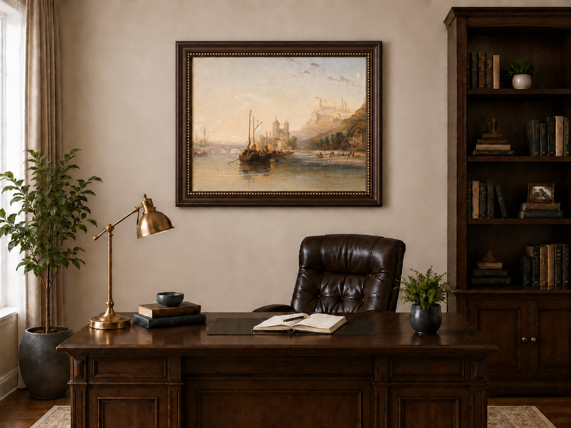 Landscape Oil Painting - River Boats Below Medieval Castle Dusk