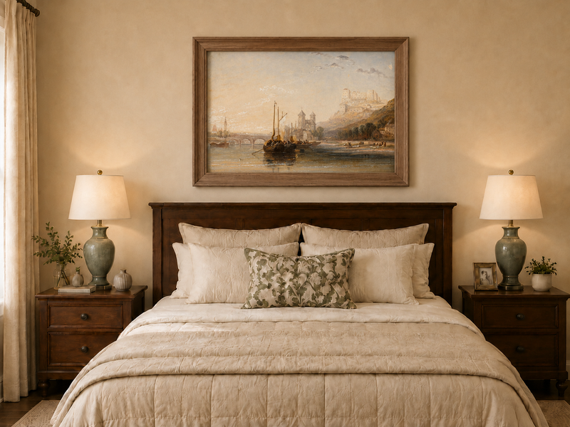 Landscape Oil Painting - River Boats Below Medieval Castle Dusk