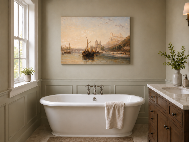 Landscape Oil Painting - River Boats Below Medieval Castle Dusk