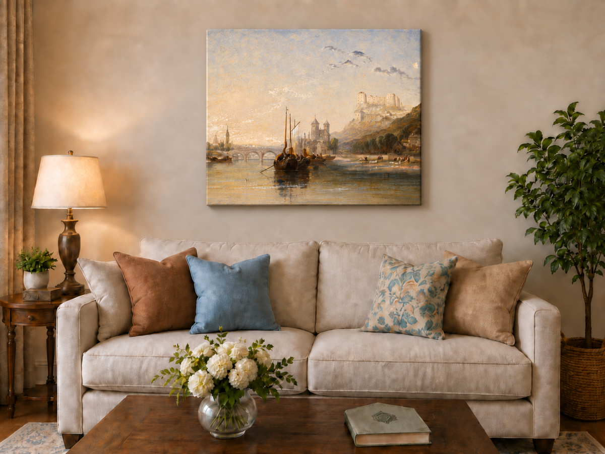 Landscape Oil Painting - River Boats Below Medieval Castle Dusk