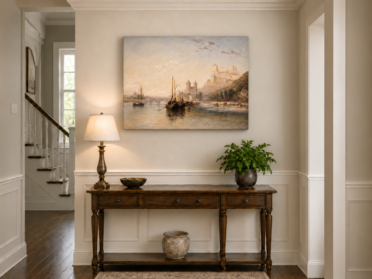 Landscape Oil Painting - River Boats Below Medieval Castle Dusk