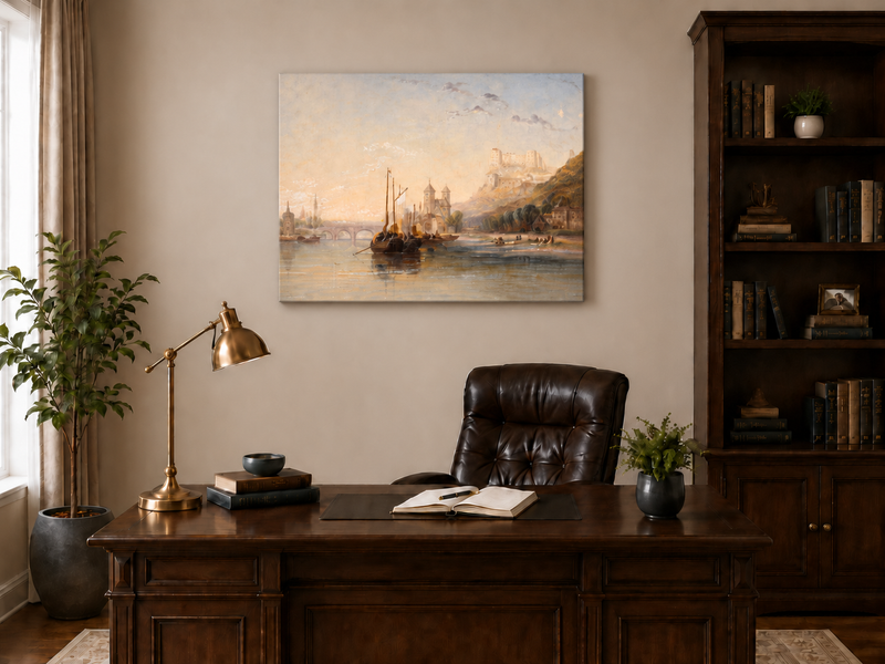 Landscape Oil Painting - River Boats Below Medieval Castle Dusk