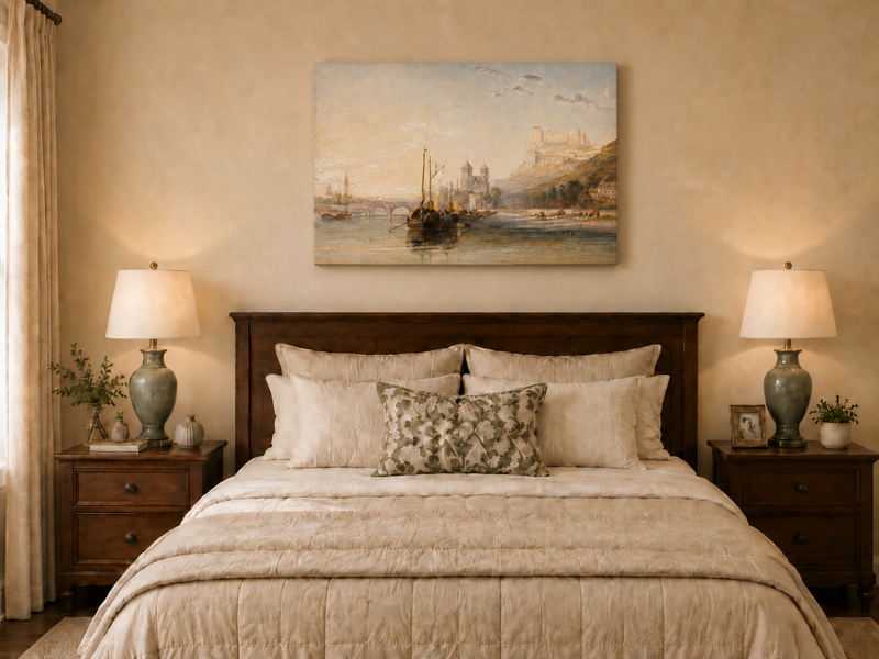 Landscape Oil Painting - River Boats Below Medieval Castle Dusk