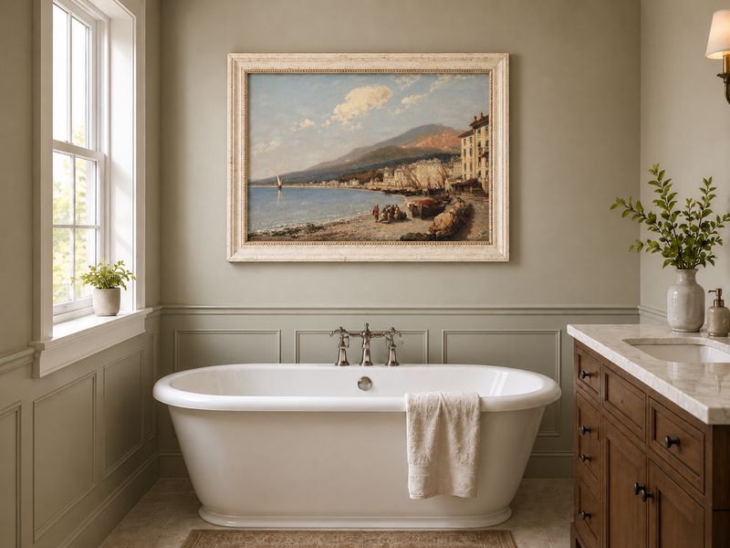 Landscape Oil Painting - Charming Coastal Town Boats & Figures