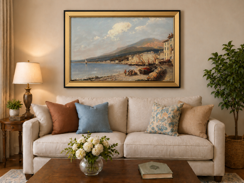 Landscape Oil Painting - Charming Coastal Town Boats & Figures
