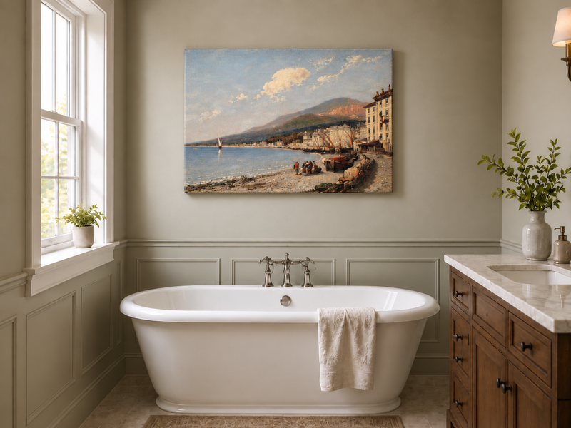 Landscape Oil Painting - Charming Coastal Town Boats & Figures