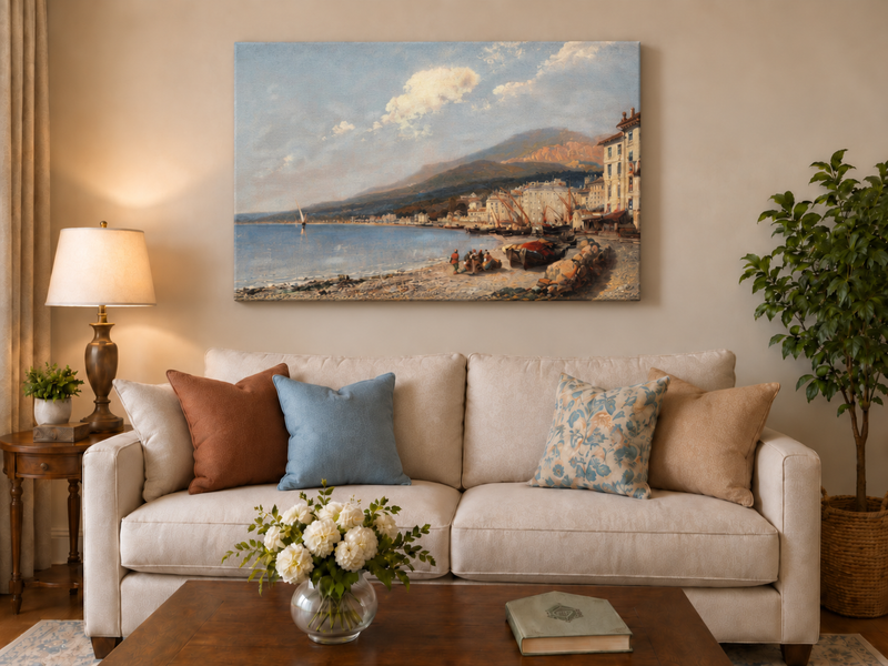 Landscape Oil Painting - Charming Coastal Town Boats & Figures